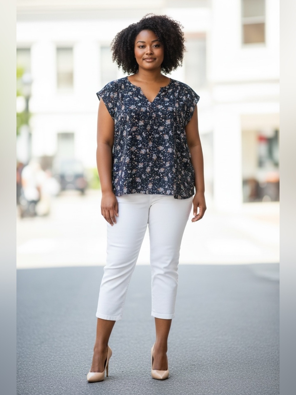 REITMANS, XXL Plus Size, Floral Blouse Bi-Material Stretch Navy Pink Boho Top